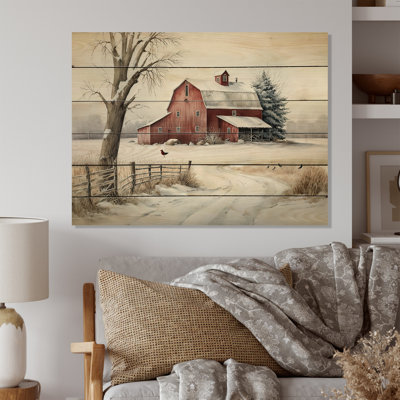 Freeport Calm Red Barn In Winter III - impression sans cadre sur bois