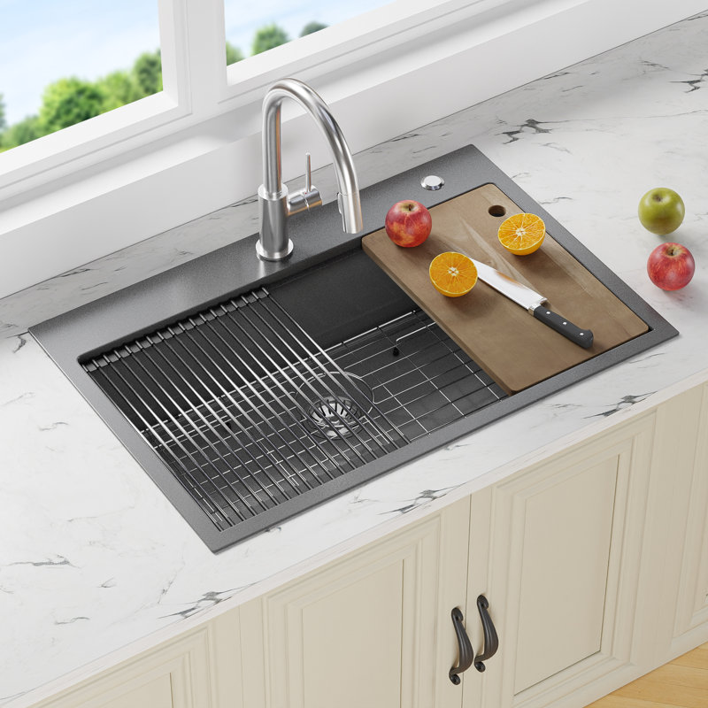 33" L X 22" W Drop In Single Bowl Kitchen Sink With Accesories, Gun Gray