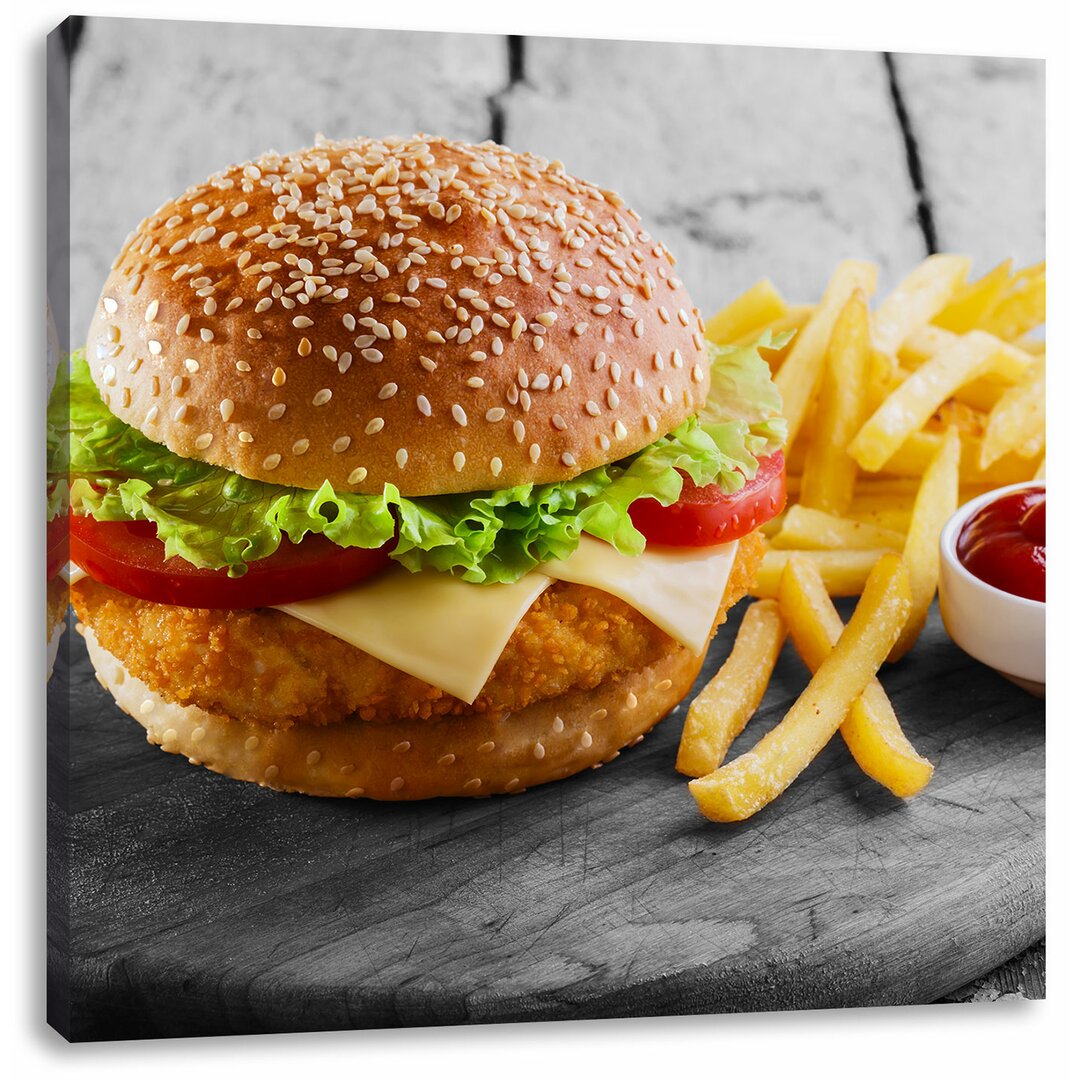 Leinwandbild Chickenburger mit Pommes