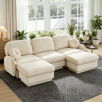 105" Cream Beige Chenille U-Shaped Sectional Sofa, Movable Ottoman & Deep Seat, Easy Assembly