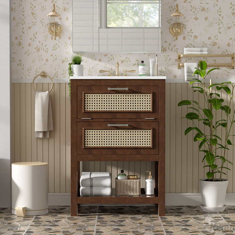 Meuble-lavabo de 24 po avec lavabo intégré en céramique, meuble-lavabo à 1 tiroir profond, 1 tiroir rabattable et meuble-lavabo simple pour petite et moyenne salle de bain