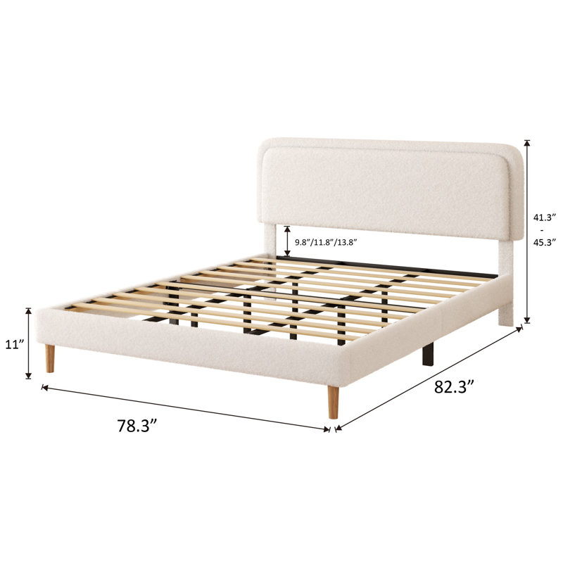 Structure de très grand lit, lit plateforme rembourré moelleux avec tête de lit réglable en hauteur, structure robuste et lattes, conception silencieuse, compatible avec les matelas sans ressorts, facile à assembler