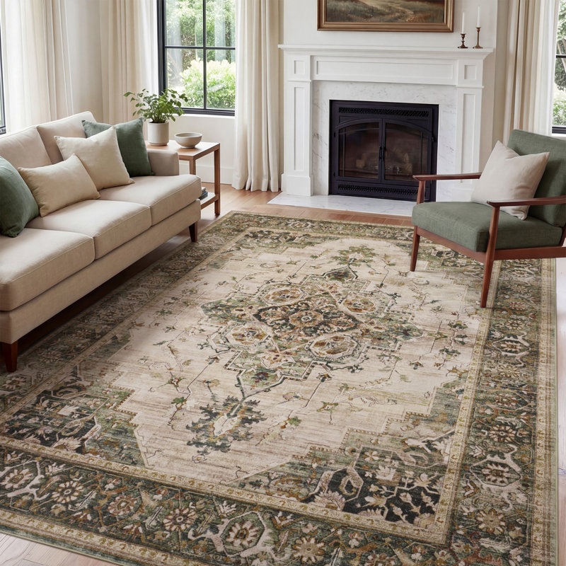 Soft Machine Washable Vintage Distressed Medallion Area Rug For Living Room, Bedroom With Non-Slip Backing In Sage Green