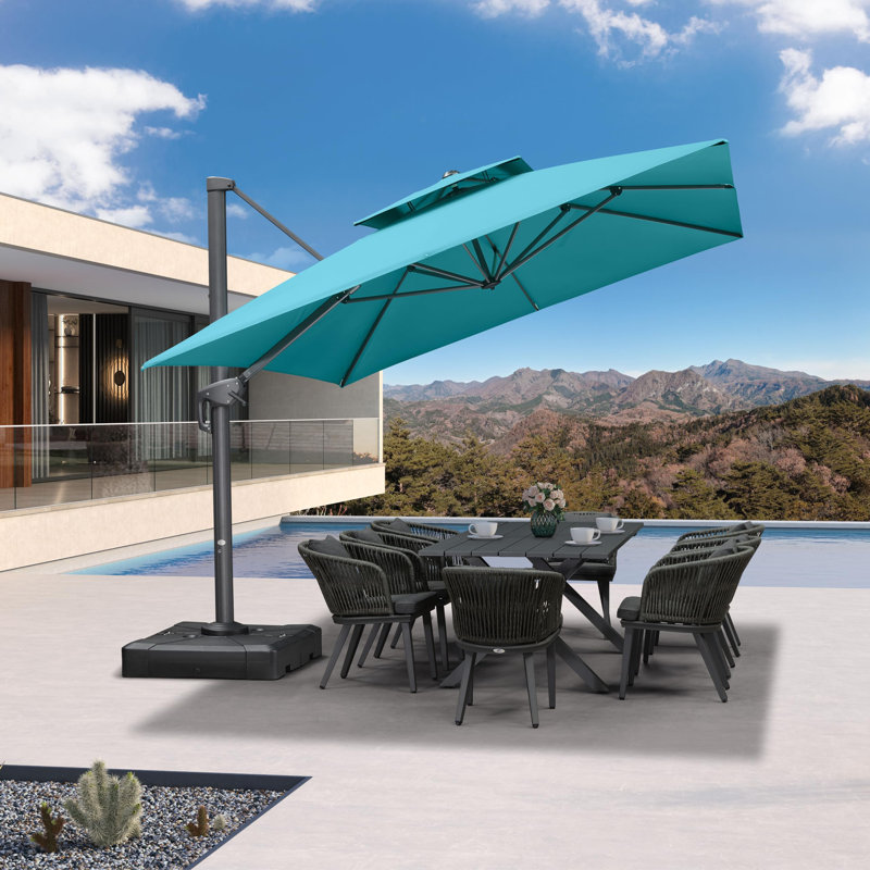 10' x 13' Rectangular Double Top Cantilever Tilting Umbrella with Base and 360° Rotation, Blue