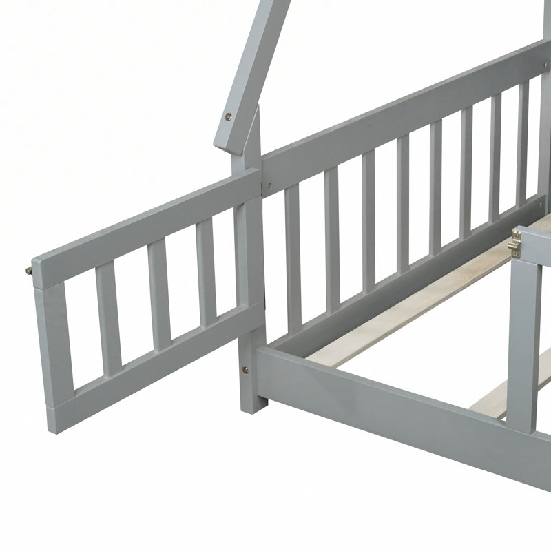 Lit de sol en forme de tente avec garde-corps et porte, Gris, Lit simple