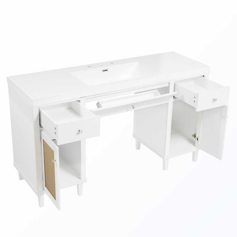Rangement autoportant pour salle de bain avec lavabo et plateau basculant, Blanc