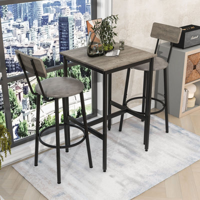 3-Piece Rustic Bar Table Set with Table and 2 PU Upholstered Stools for Space-Saving by 17 Stories