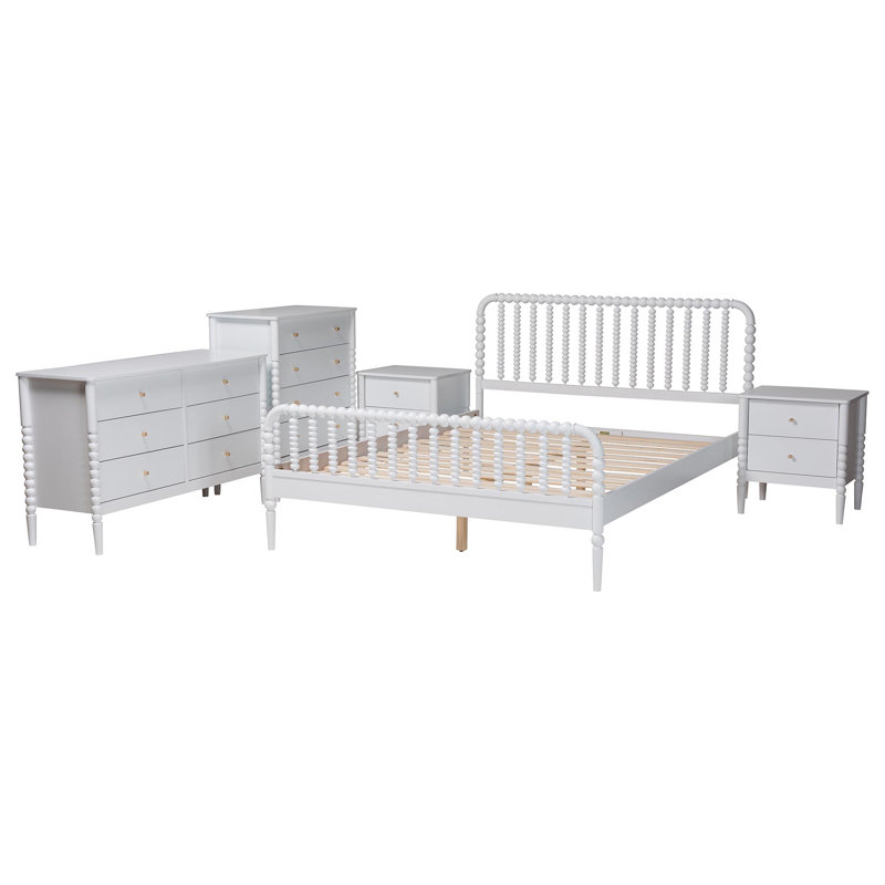 Baxton Studio Lucera Mid-Century  5-Piece Bobbin Bedroom Set, White, Full