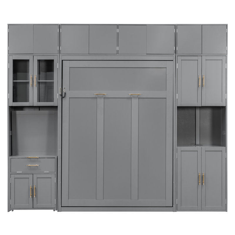 Lit escamotable double vertical avec bureau escamotable, armoire de rangement, tablettes éclairées et station de charge, Gray