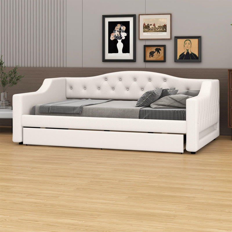 Upholstered Daybed With LED Belt And Trundle, Full XL, Beige