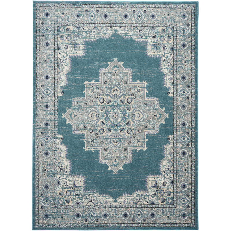 Tapis floral tissé à la machine 5 pi x 7 pi Aqua