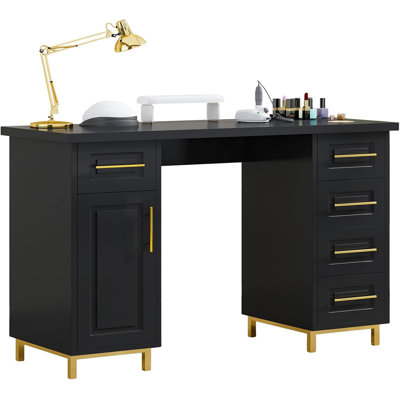 Nail Tech Desk with Drawers, 43 Inch Manicure Table with Storage for Nail Tech, Nail Makeup Beauty Salon Table with 5 Drawers and Cabinet, Wooden Salo by Mercer41