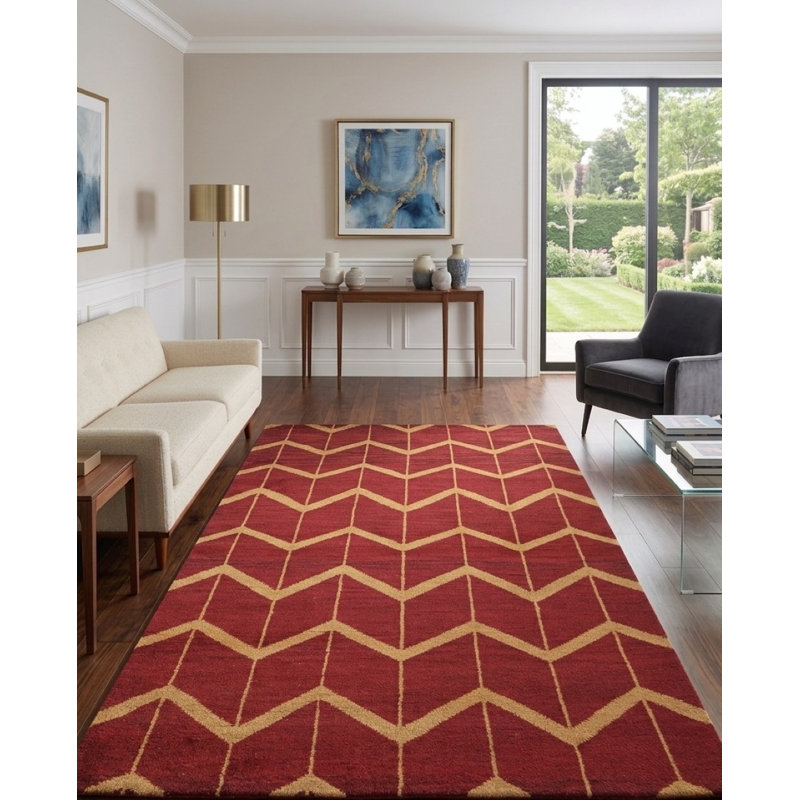Rouge | Tapis d'intérieur doré à motif géométrique noué à la main 100% laine, Rectangle 6 pi x 9 pi