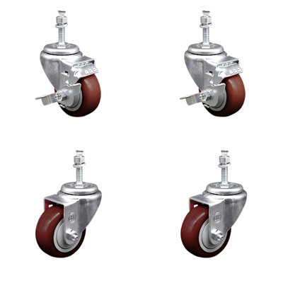 3 Inch SS Maroon Polyurethane Swivel 10mm Threaded Stem Caster Set 2 Brake