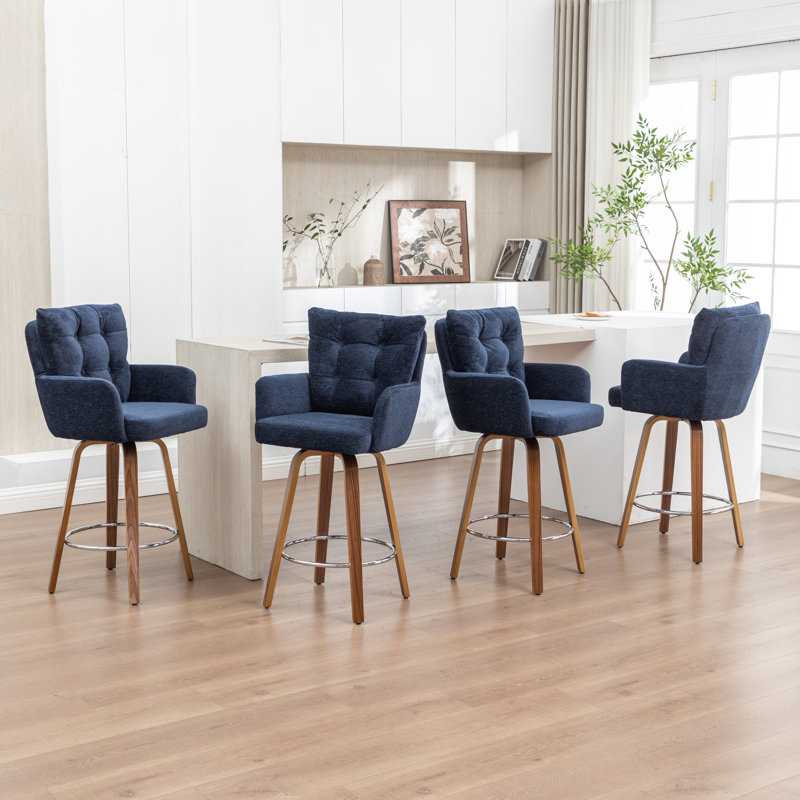 4-Piece Bar Stool Set With Bentwood Legs And Plush Cushions, Blue
