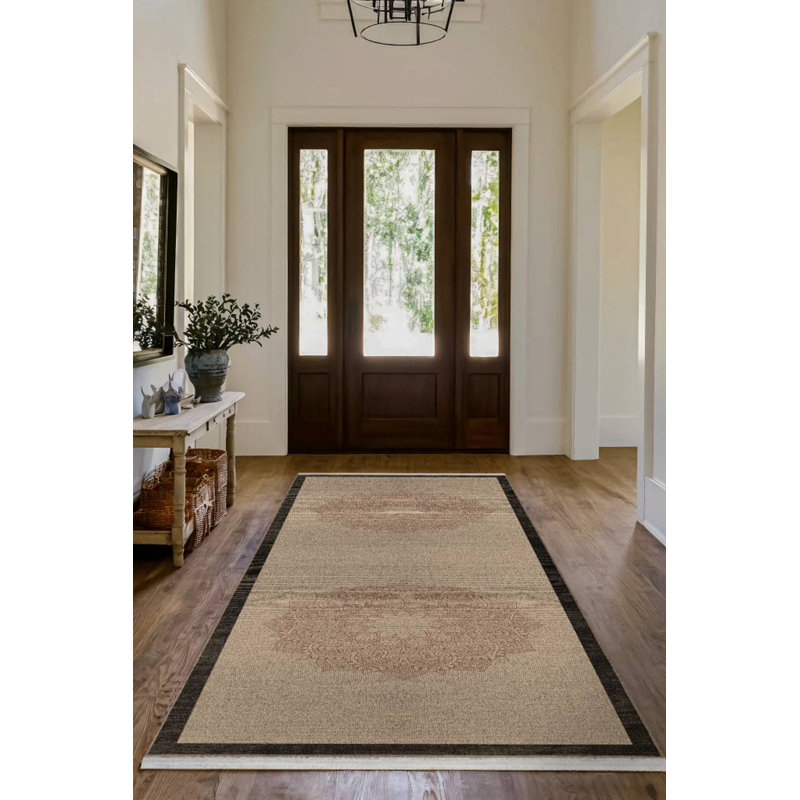 Mandala Collection Digital Print Cotton-Polyester Geometric Beige Rug, Runner 6'7" x 16'5"