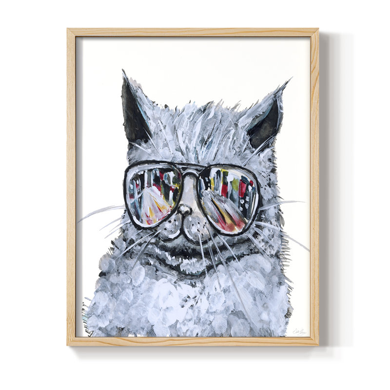 «Kitty with Shades», reproduction encadrée - bois massif, Naturel, H 11 po x l 9 po