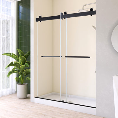 Porte de douche double coulissante 48 po x 76 po à double porte coulissante sans cadre avec verre trempé transparent et installation réversible
