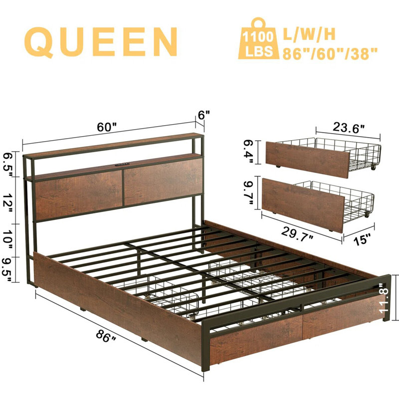 Antioch Queen Bed with 4 Drawers and Open Storage Headboard, Adjustable LED Light and Charging Station, No Box Spring Needed