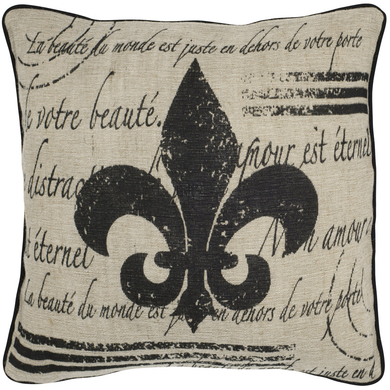 18" Beige and Black Embroidered Jute Cotton Square Throw Pillow