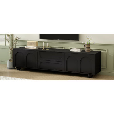 ON-TREND Cream Style TV Stand with Arched Doors & 2 Drawers for TVs up to 75", Minimalist Media Console with Rebound Device, Entertainment Center with 5 Iron Round Legs for Living Room, Bedroom, Black