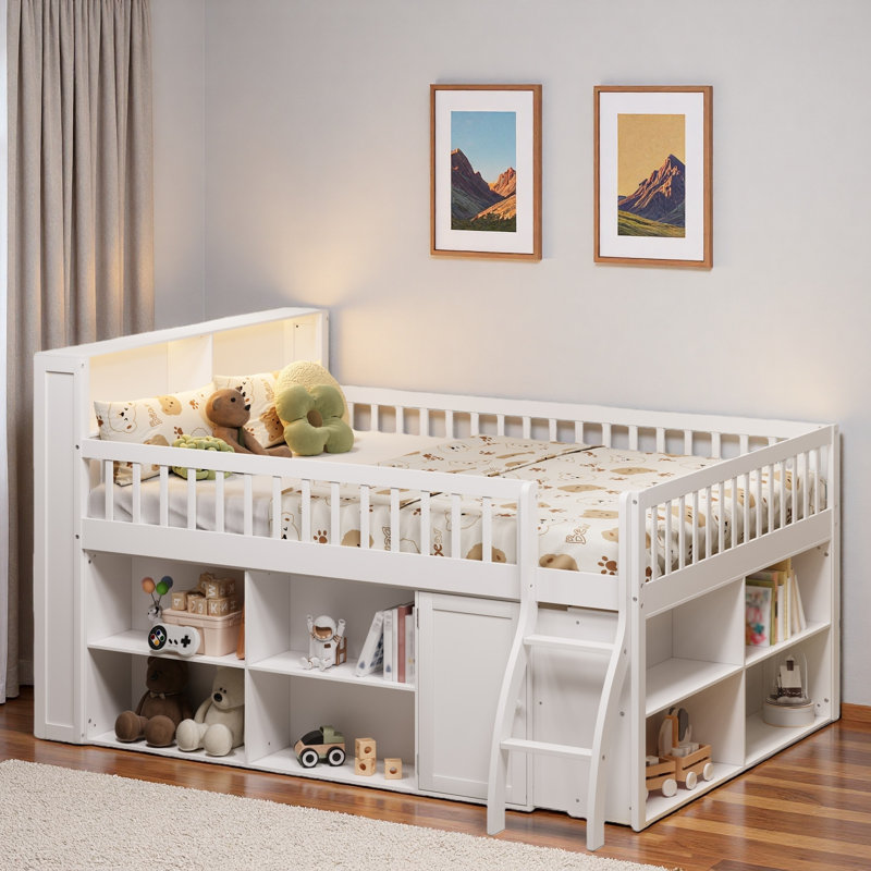 Space-saving Loft Bed With Storage Shelves, Headboard With Led Light, White, Queen