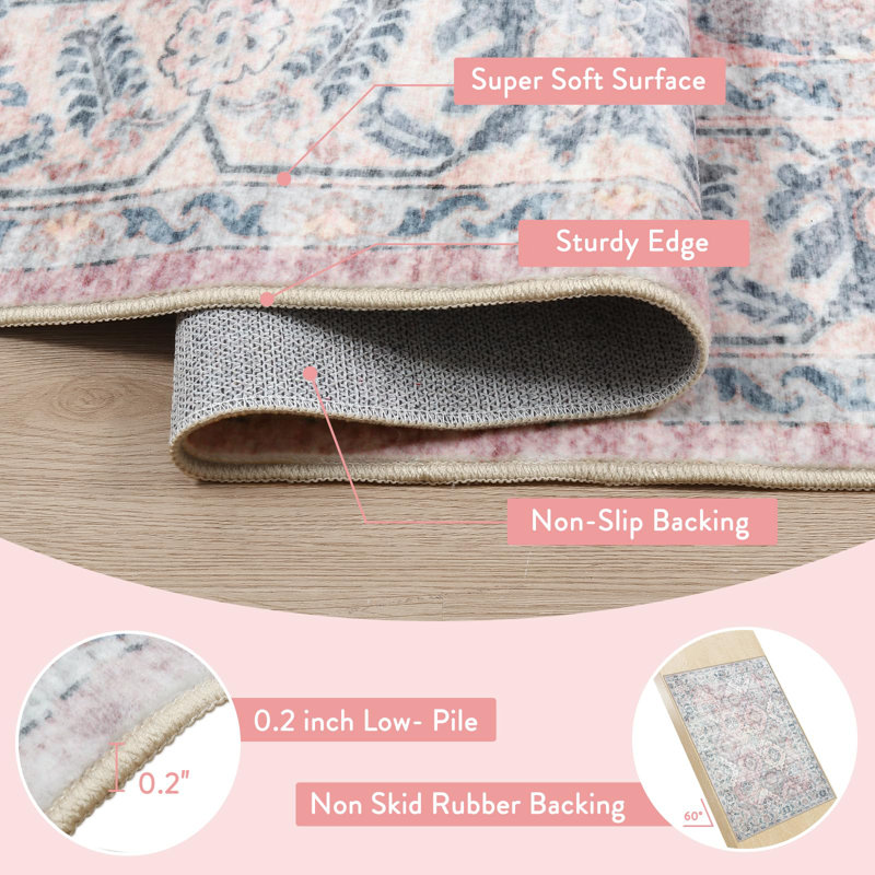 Tapis lavable Boho pour chambre de fille, lavable à la machine, sans perte de poils, Rectangulaire 8 pi x 10 pi