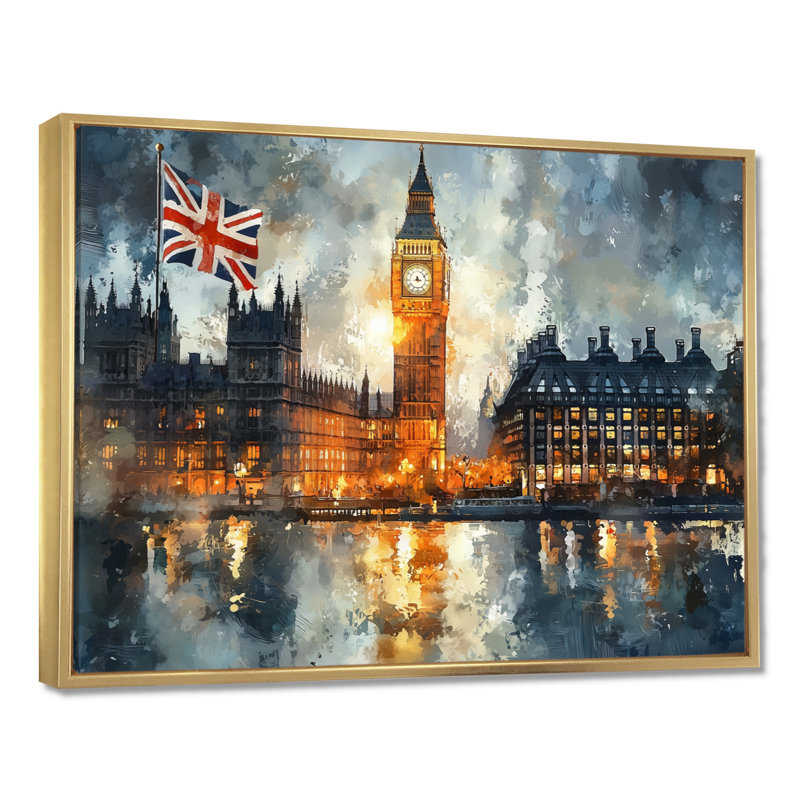 London Big Ben Landscape Glow II - London, art mural, H 16 po x l 32 po, Impression encadrée flottante, Doré