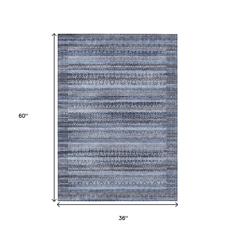 3' X 5' Blue And Charcoal Striped Washable Indoor Outdoor Area Rug