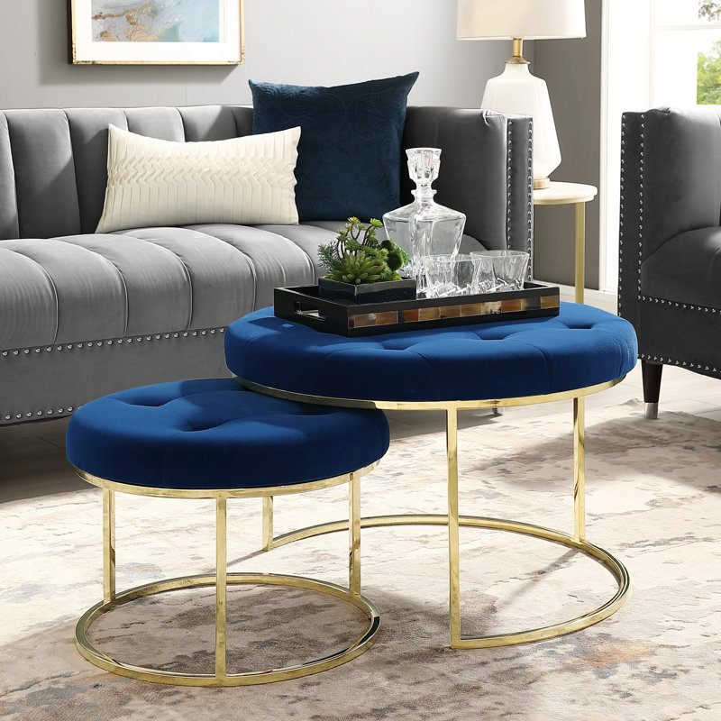 Carlotta Velvet Nesting Ottoman Set of 2 with Stainless Steel Polished Gold Frame, Navy Velvet