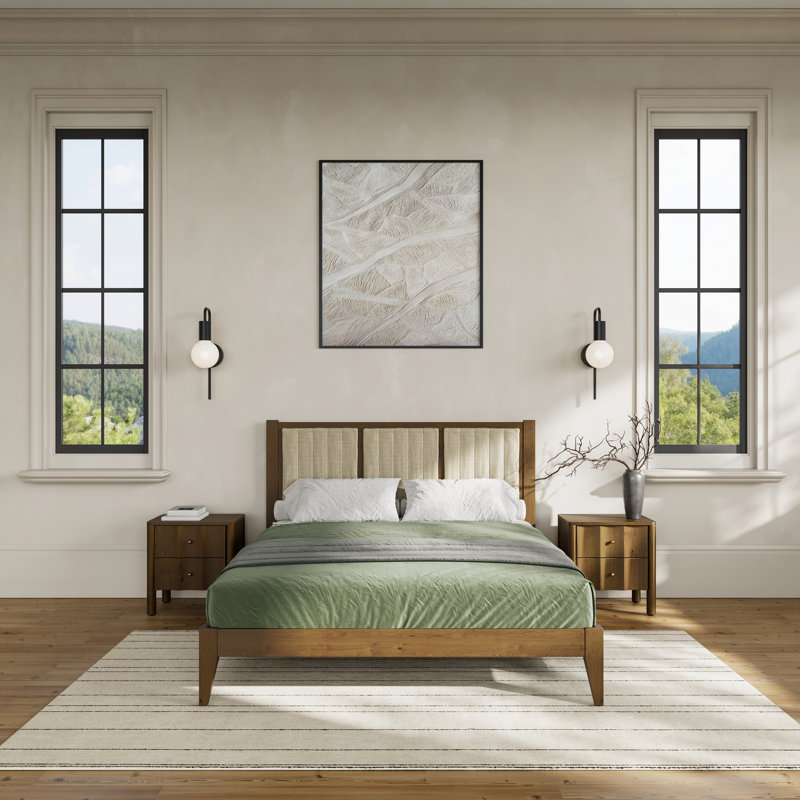 Henry Solid Wood Upholstered Headboard Bed Frame, King, Walnut
