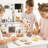 Asjad Wooden Play Food Cutting Bread Set, Pretend Play Toy Food for Play Kitchen with Shopping Bag