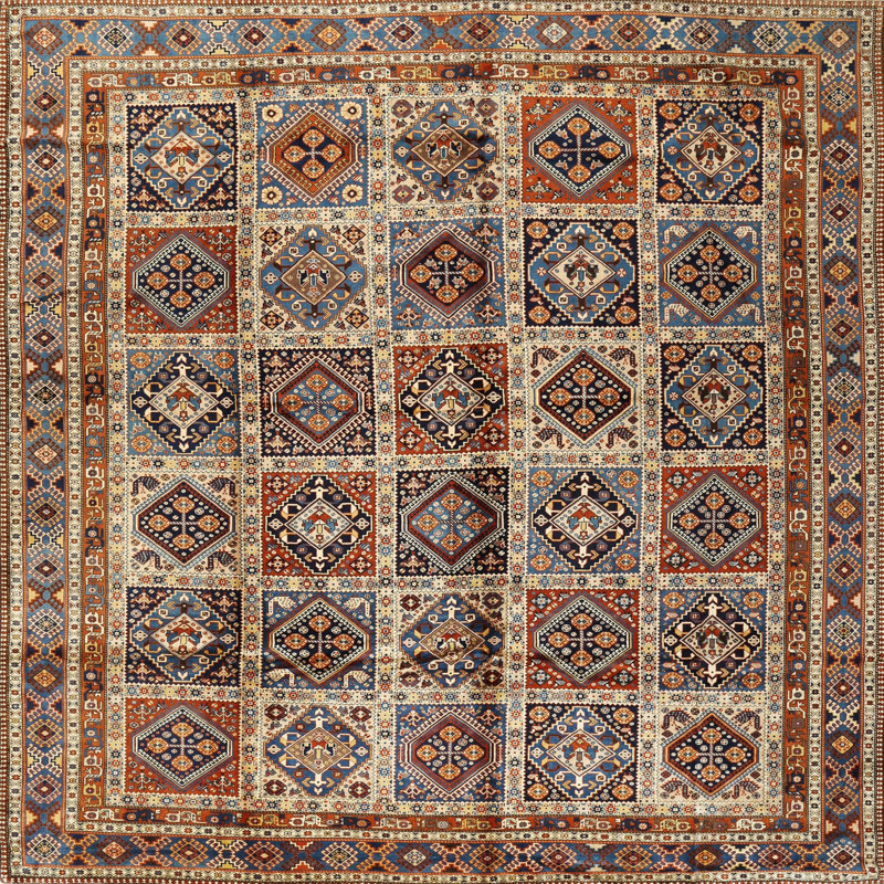 Tapis oriental orange / bleu, Carré 8 pi