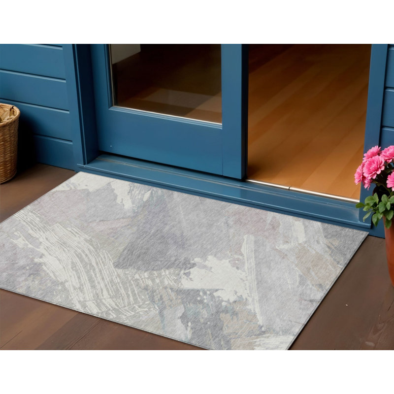Tapis intérieur lavable abstrait ivoire et gris 3 pi x 5 pi