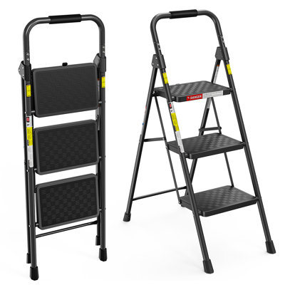 Folding 3 Step Ladder, 3 Step Stool for Adults, 3 Step Ladder Step Stool with Cushioned Handle, Wide Pedal, 330Lbs Load Heavy Duty