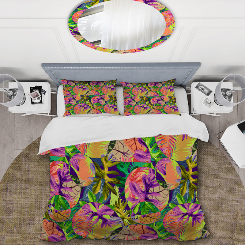 Multicolore feuilles tropicales - ensemble de housse de couette floral - microfibre de polyester