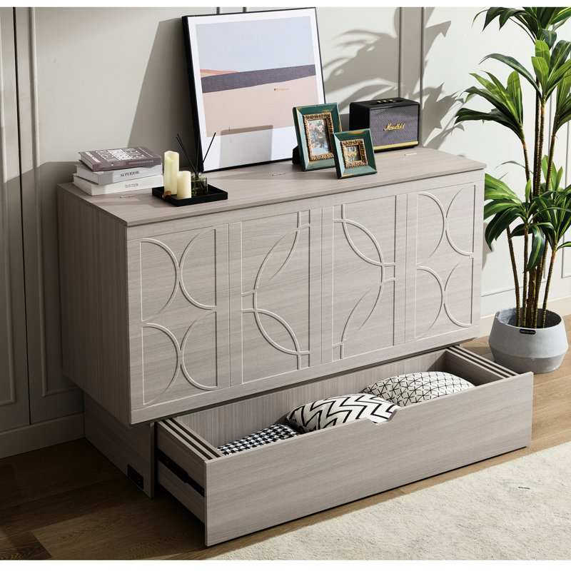 Armoire-lit convertible, gris, avec espace de rangement, matelas et rangement pratique gris, bouchon en mousse souple