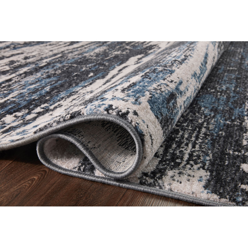 Charcoal Black and Steel Blue Abstract Fringe Rug - 27" x 46"