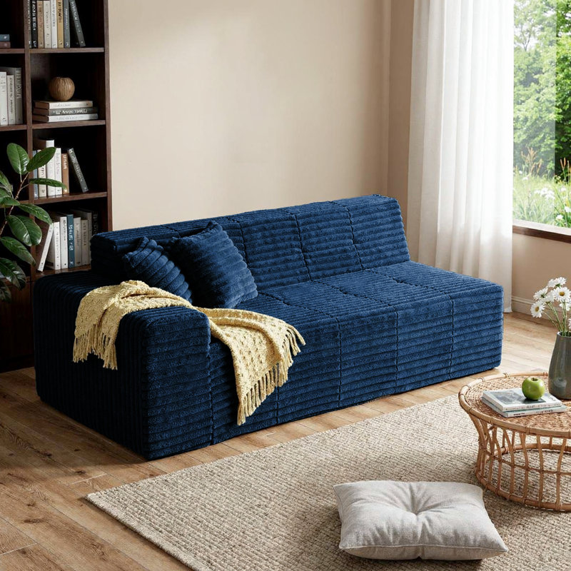 Boneless Upholstered Faux Rabbit Fur Flannel Sofa With Pillows - All Foam Compressed And No-Assembly Modular Design, Navy