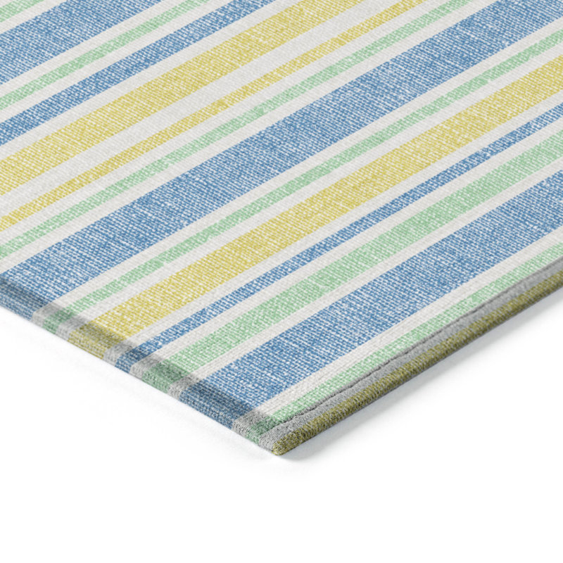 2' X 8' Blue Yellow and Green Striped Washable Non Skid Indoor Outdoor Runner Rug