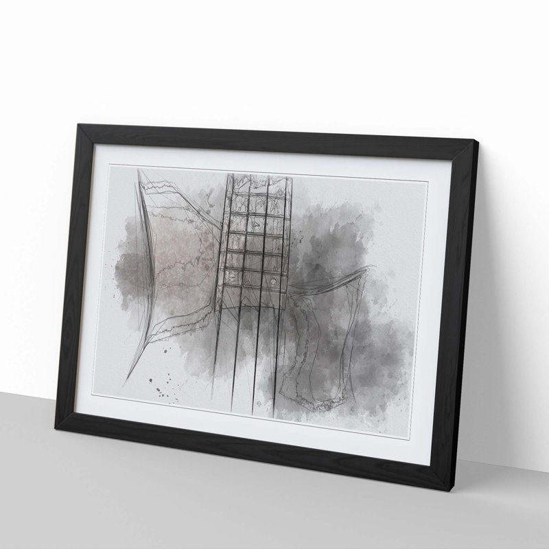Top of a Black Bass Guitar in Abstract - Picture Frame Graphic Art Print, 60cm H x 91cm W x 2cm D, Black