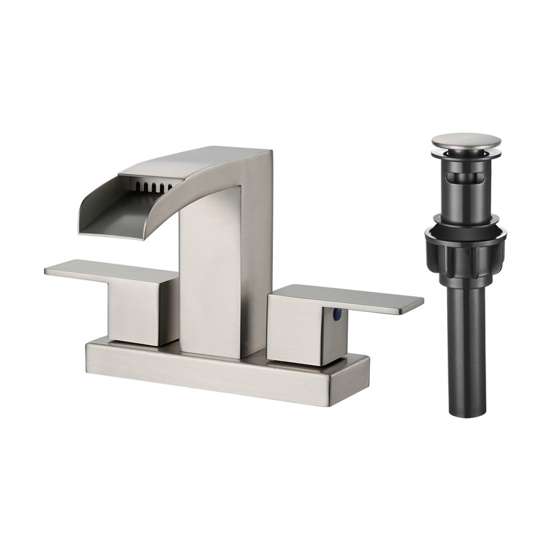 Modern Two Hole Waterfall Centerset 4" 2-handle Bathroom Faucet with Pop Up Drain Assembly, Brushed Nickel