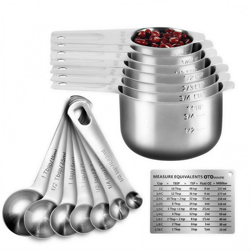 Ensemble de 15 tasses et cuillères à mesurer en acier inoxydable de qualité supérieure - Ustensiles de cuisine robustes et empilables avec deux échelles métriques et impériales - Comprend 7 tasses, 7 cuillères et un tableau de mesure