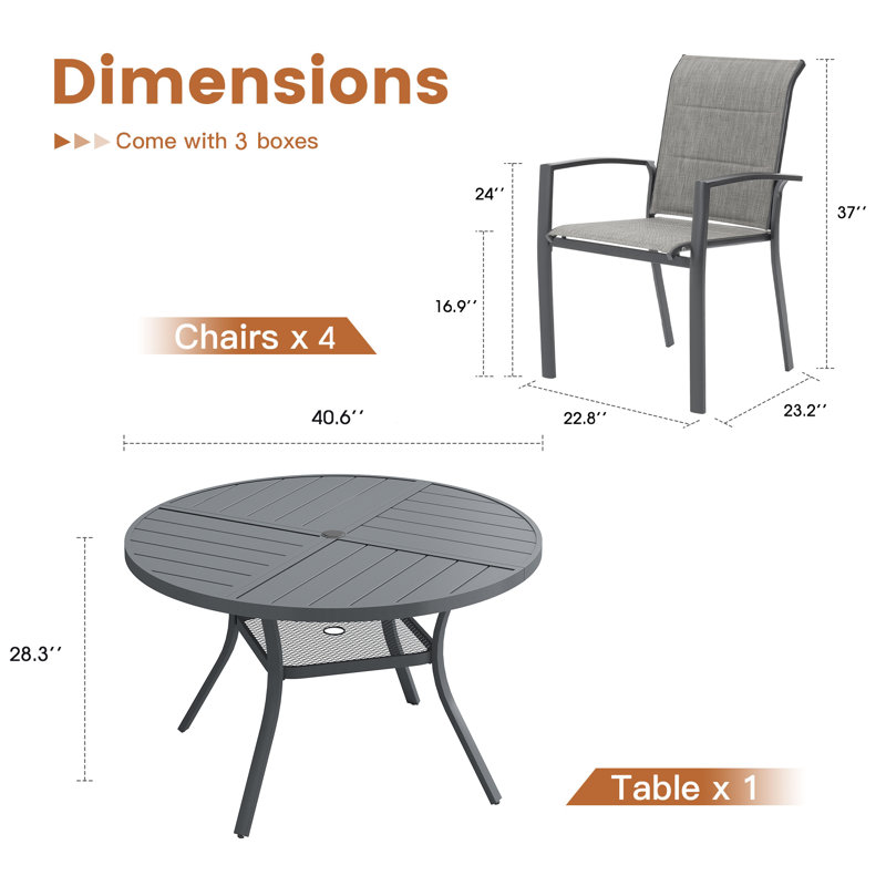 Table de salle à manger pour 4 personnes avec table de salle à manger ronde en métal et 4 chaises rembourrées en textilène