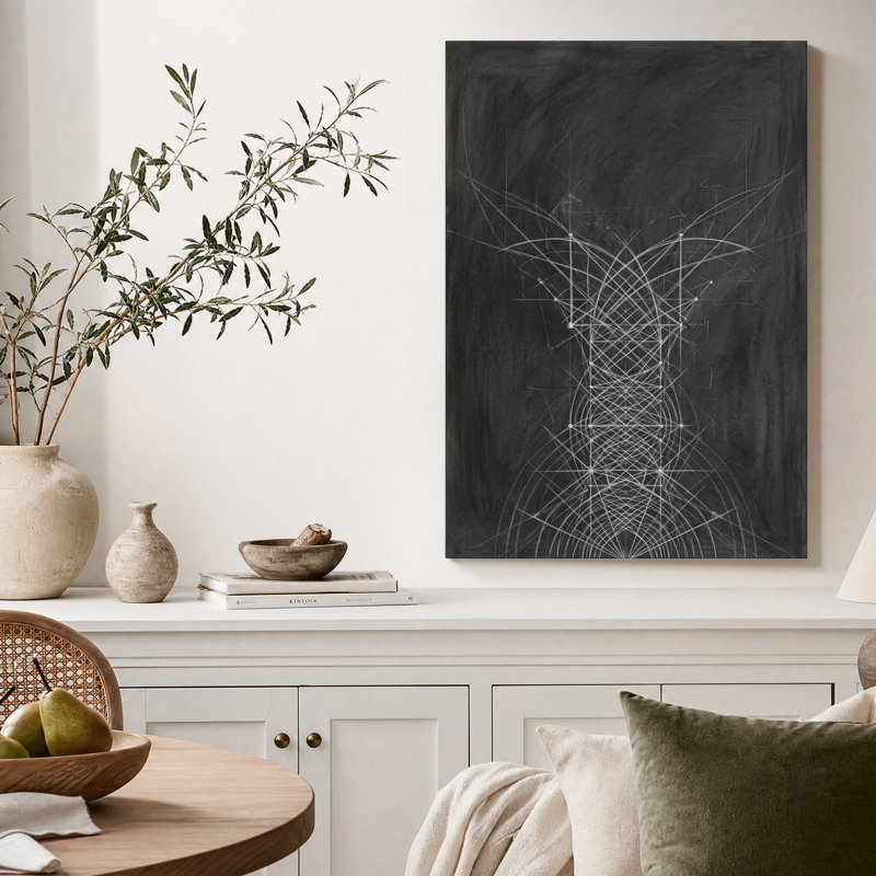 Tableau géométrique symétrique blanc sur toile noire, H 24 po x l 16 po