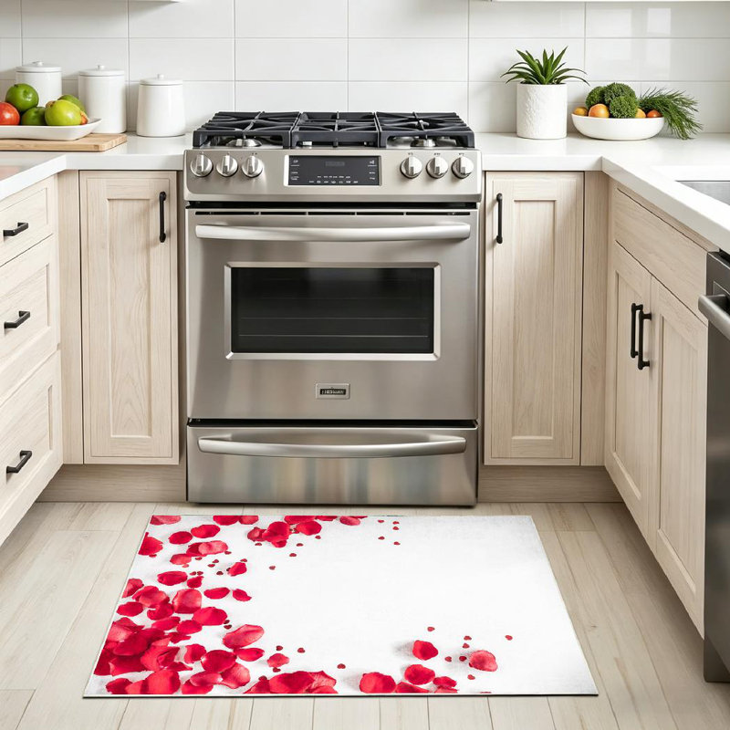 Red Valentine Day Flowers Round Rose Confetti White Valentines Flat Machine Washable Indoor Area Rug, Rectangle 32" x 47"