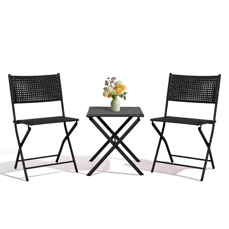 3-Piece Folding Patio Bistro Set, Wicker Rattan Outdoor Furniture Set with 2 Foldable Chairs and a Square Table, Compact Balcony Furniture for Porch, Backyard, Poolside (Green)