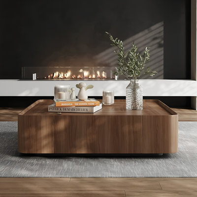 Modern Square Walnut Coffee Table with Storage Drawers & Black Stainless Steel Base