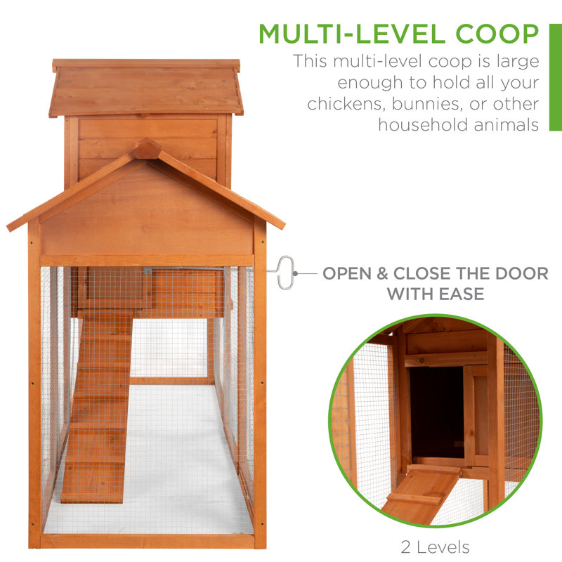 80in Natural Fir Wood Multi-Level Chicken Coop with Wire Fence