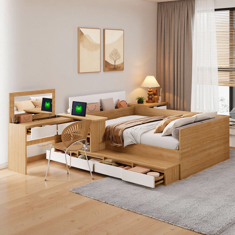 Lit plateforme multifonctionnel en bois avec rangement USB et coiffeuse, Chêne